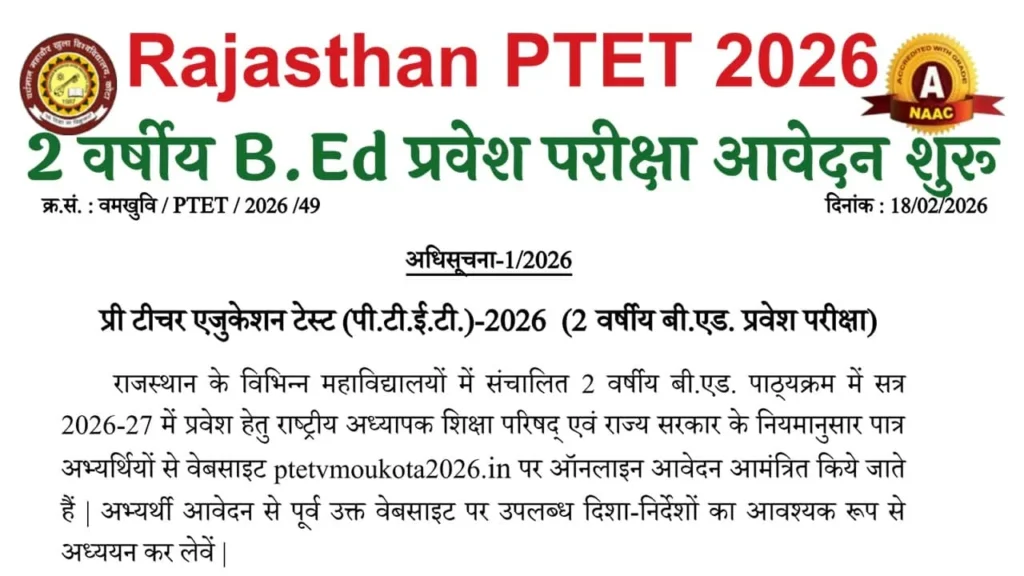 Rajasthan PTET 2026 Apply Online Exam Date